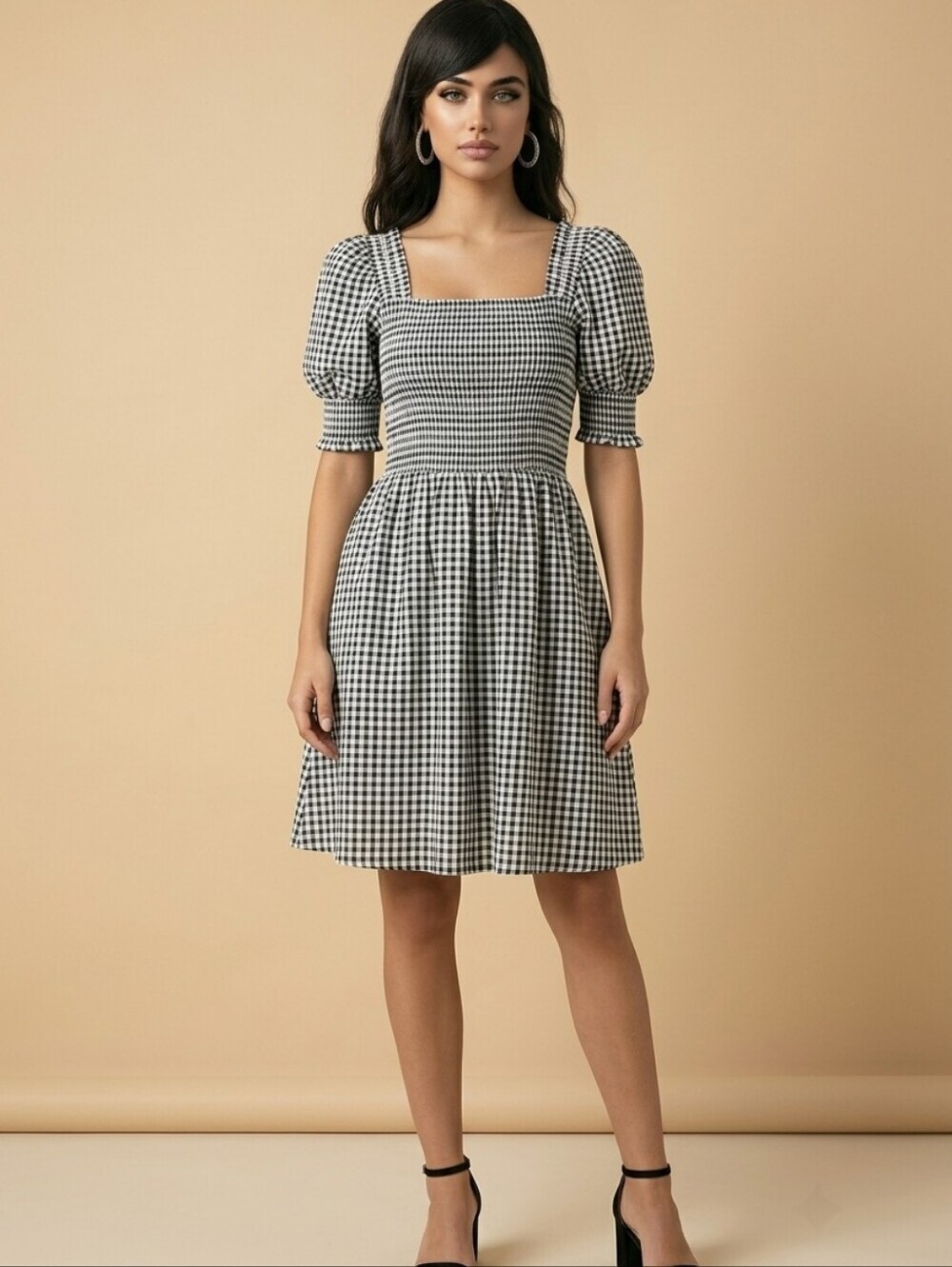 Gingham Dress BLACK WHITE mini Puff Sleeves BABY DOLL FIT & FLARE Smocked Top M
